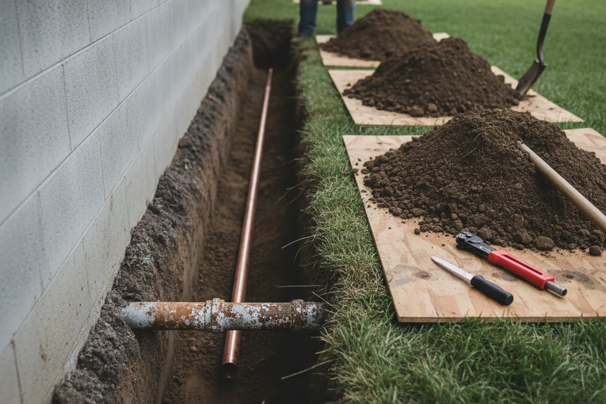 Excavated water line trench during Water Softener Installation in Fulton